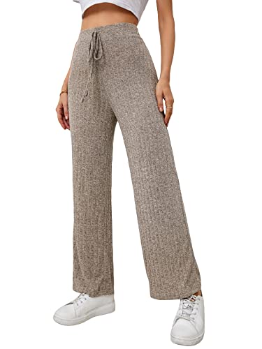 Women's Casual Ribbed Knit Wide Leg Pants Tie Front High Waist Trousers Khaki M