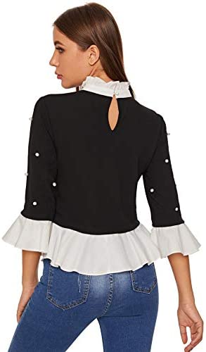 Women's Cute Long Sleeve Ruffle Hem Sweatshirt Contrast Collar Top