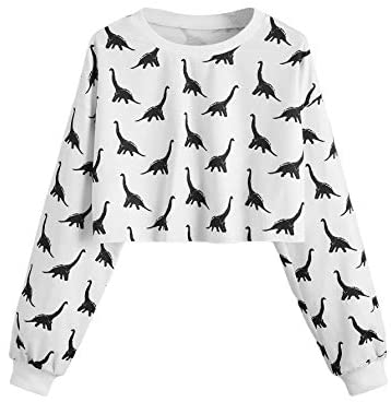 Women's Allover Dinosaur Print Long Sleeve Shirts Crewneck Raw Hem Crop Sweatshirt Pullover