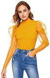 Women's Mesh Puff Sleeve High Neck Slim Fit Party Blouse Top