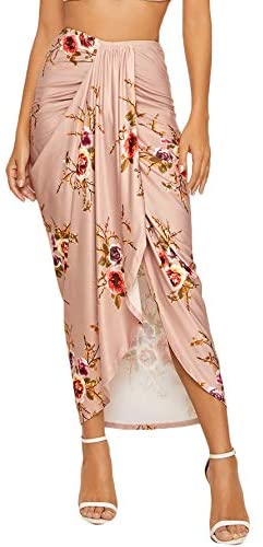 Women's Floral Slit Wrap Asymmetrical Elastic High Waist Maxi Draped Skirt