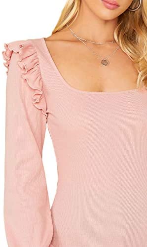Women's Long Sleeve Scoop Neck Ruffle Trim Top Blouse Lantern Sleeve Solid Tee