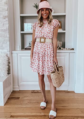 Women’s Summer Sleeveless Ruffle Sleeve Crew Neck Floral Print Mini Dress Casual Loose Flowy Plaid Pleated Dress(Floral-Pink, Small)