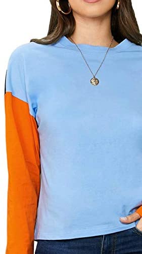 Women's Casual T-Shirt Color Block Drop Shoulder Long Sleeve Blouses Tops