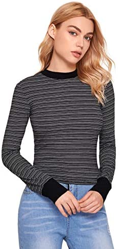 Women's Casual Mock Neck Striped Tee Tops Long Sleeve Slim Fit T-Shirts
