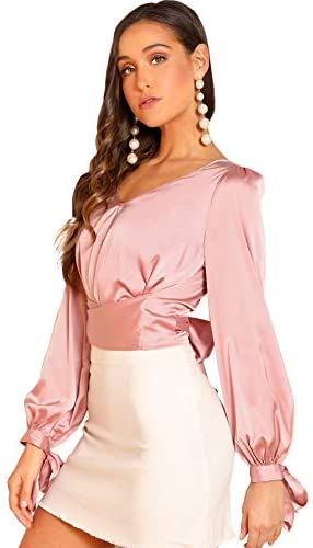 Women's Elegant V Neck Self Tie Knot Long Sleeve Satin Blouse Shirt Top