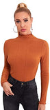 Women's Frill Trim Mock Neck Long Sleeve T-Shirt Solid Ribbed-Knit Tee Tops