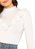 Women's Flounce Long Sleeve Ruffle Trim T Shirts Ribbed Knit Tops Blouses