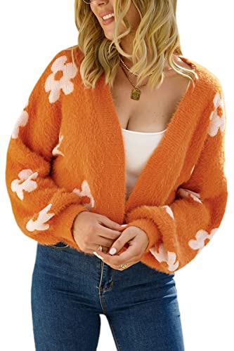 Women's Cardigan Sweaters - Floral Knit Open Front Crop Cardigans Long Sleeve Sweater Outwear Tops Orange L