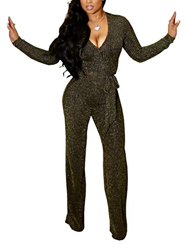 Women Casual Sexy V Neck Sparkly Jumpsuits Long Sleeve Onesie Loose Pants Party Clubwear with Belt