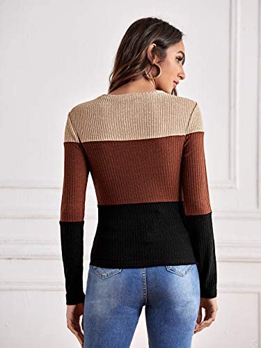 Women's Colorblock Long Sleeve T Shirt Round Neck Rib Knit Tee Tops