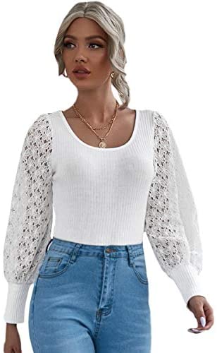 Women's Ribbed Knit Lace Long Sleeve Scoop Neck Slim Fit Tops Blouse