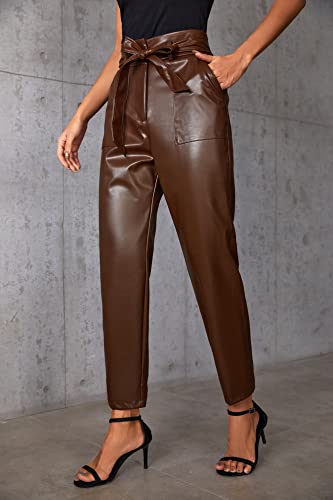 Women Pocket Faux Leather Pants Leggings Pants High Waisted Leather Stacked Pants Dark Brown XL