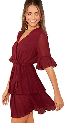 Women's V Neck Half Sleeve Chiffon Tie Waist Ruffle Hem Surplice Dress X-Small B