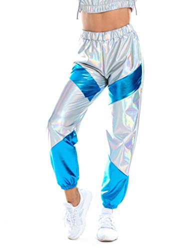 RYRJJ Womens Shiny Metallic High Waist Stretchy Jogger Pants Wet Look  Hip-Hop Club Wear Trousers Sweatpant(Black,S)