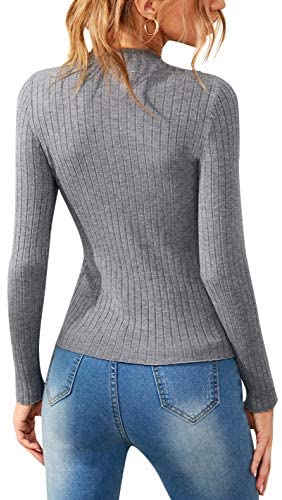 Women's Mock Neck Long Sleeve Sweaters Solid Ribbed-Knit Pullover Tops