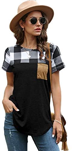 Women's Colorblock Gingham Shirt Short Sleeve Crew Neck T-Shirt Tee Tops with Pocket