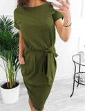 Short Sleeve Midi Shift Pencil Dress with Pocket Army Green