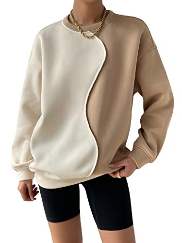 Women's Color Block Crew Neck Oversized Sweatshirt Drop Shoulder Casual Pullover