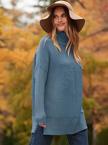 ANRABESS Oversized Sweaters for Women Turtleneck Long Batwing Sleeve Knit Casual Pullover Split Hem Solid Chunky Warm Slouchy 2023 Fall Winter Sweater Tops B718xuelan-S Indigo