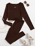 Women's Causal 2 Piece Outfits Jumpsuit Long Sleeve Square Neck Tops Pants Set Tracksuit