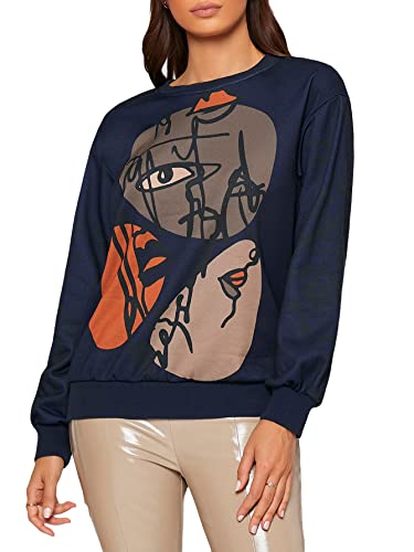 Women's Figure Graphic Print Sweatshirt Round Neck Long Sleeve Contrast Color Graffiti Pullovers Brown L