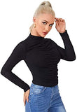 Women's Mock Neck Long Sleeve T Shirt Ruched Front Rib Knit Crop Tee Tops