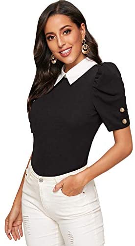 Women's Elegant Contrast Collar Puff Short Sleeve Slim Fit Top Blouse Shirt
