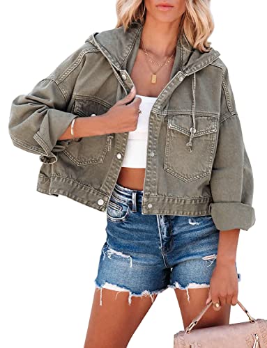 Denim Jacket for Women Distressed Ripped Frayed Crop Jean Jacket American Flag Long Sleeve Light Blue Button Closure Bike Coat