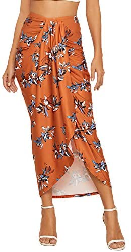 Women's Floral Slit Wrap Asymmetrical Elastic High Waist Maxi Draped Skirt