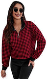 Women's Casual Plaid Quarter-Zip Long Sleeve Collar Sweatshirt Pullover