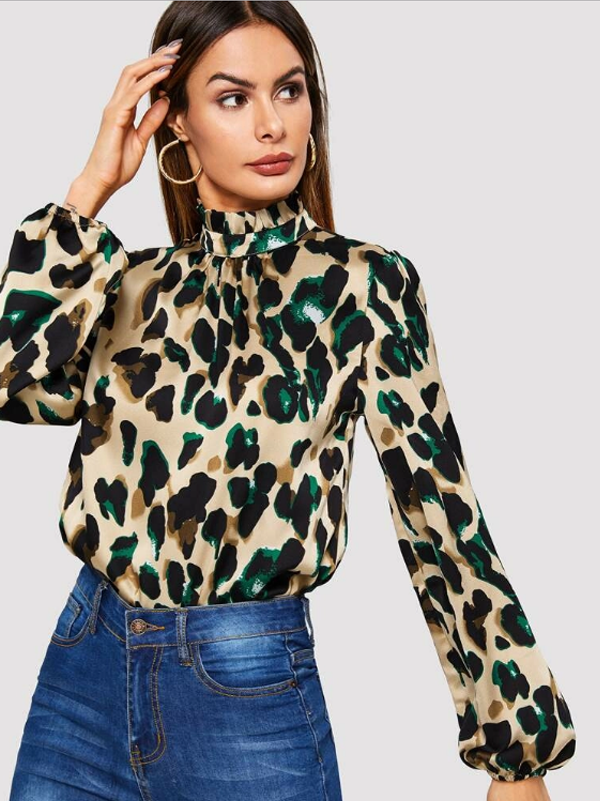 BISHOP SLEEVE FRILL NECK LEOPARD BLOUSE