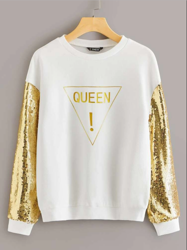 Contrast Sequin Sleeve Geo Print Pullover