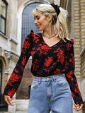 Women's Ruffle Trim Floral V Neck Long Sleeve Casual Blouse Tops Black