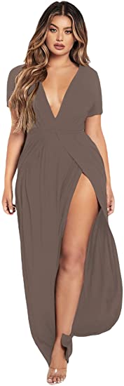 Women's Split Thigh Short Sleeve Maxi Dress Deep V Neck Flowy Long Dresses