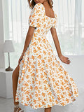 Women's Square Neck Dress Allover Floral Knot Split Thigh A-line Dress Yellow White S