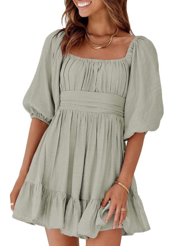 Womens Square Neck Mini Dress Tie Back Lantern Sleeve Summer Dresses Ruffle A-Line Grey Dress Casual Shirred Elastic Waist Sexy