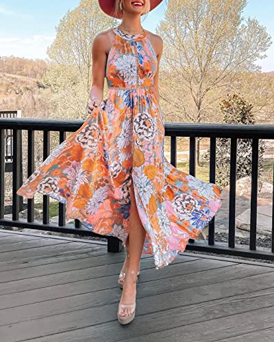 Women's 2023 Halter Neck Floral Print Backless Split Beach Party Maxi Dress