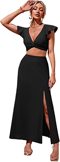 Women's Twist Plunging Neck Ruffle Crop Blouse Top 2 Pieces Midi Skirt Set