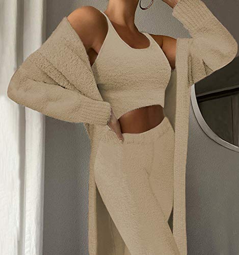 Womens Fuzzy Fleece 3 Piece Pajama Set Tank Crop Tops Pants Open