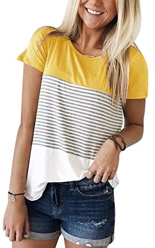 Short Sleeve Round Neck Triple Color Block Stripe T-Shirt Casual Blouse Yellow