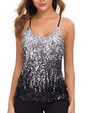 MANER Women’s Sequin Tops Glitter Party Strappy Tank Top Sparkle Cami (S/US 4-6, Silver/Gray/Black)
