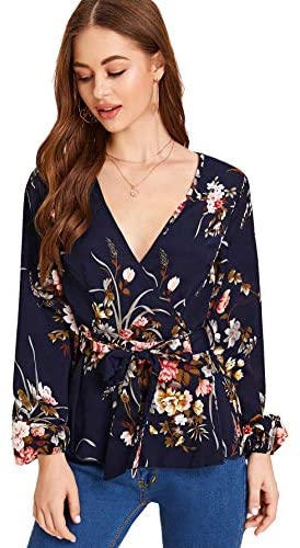 Women's V-Neck Floral Long Sleeve Belted Peplum Wrap Blouse Ruffle Top Shirts