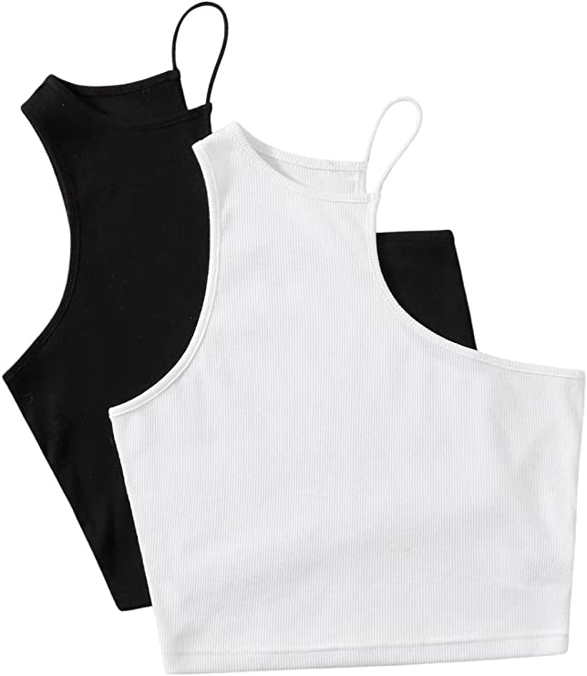 Women's 2 Piece Cut Out Halter Tank Top Sleeveless One Shoulder Ribbed Knit Crop Tops