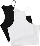 Women's 2 Piece Cut Out Halter Tank Top Sleeveless One Shoulder Ribbed Knit Crop Tops