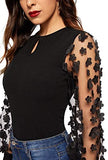 Women's Petite Slim Fit Mesh Long Sleeve 3D Embroidered Floral Blouse Shirt Top