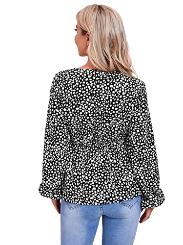 Women's Leopard Wrap Blouse Peplum Top V Neck Lantern Long Sleeve Shirt Leopard