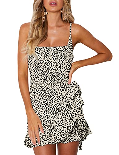 Women's Casual Ruffle Hem Solid Wrap Dress Spaghetti Strap Front Tie Knot Short Dresses