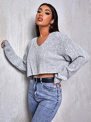 Women's Ribbed Knit Long Sleeve Crop Tops V Neck Loose Tee T Shirts
