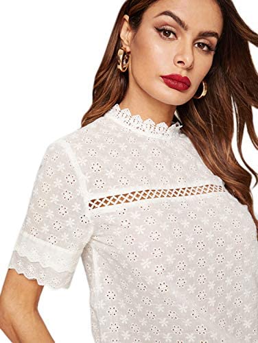 Women's Short Sleeve Stand Collar Embroidery Button Slim Cotton Blouse Top